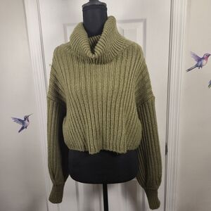 Urban Outfitters Olive Green Ribbed Knit Cropped Balloon Sleeve Sweater Size M